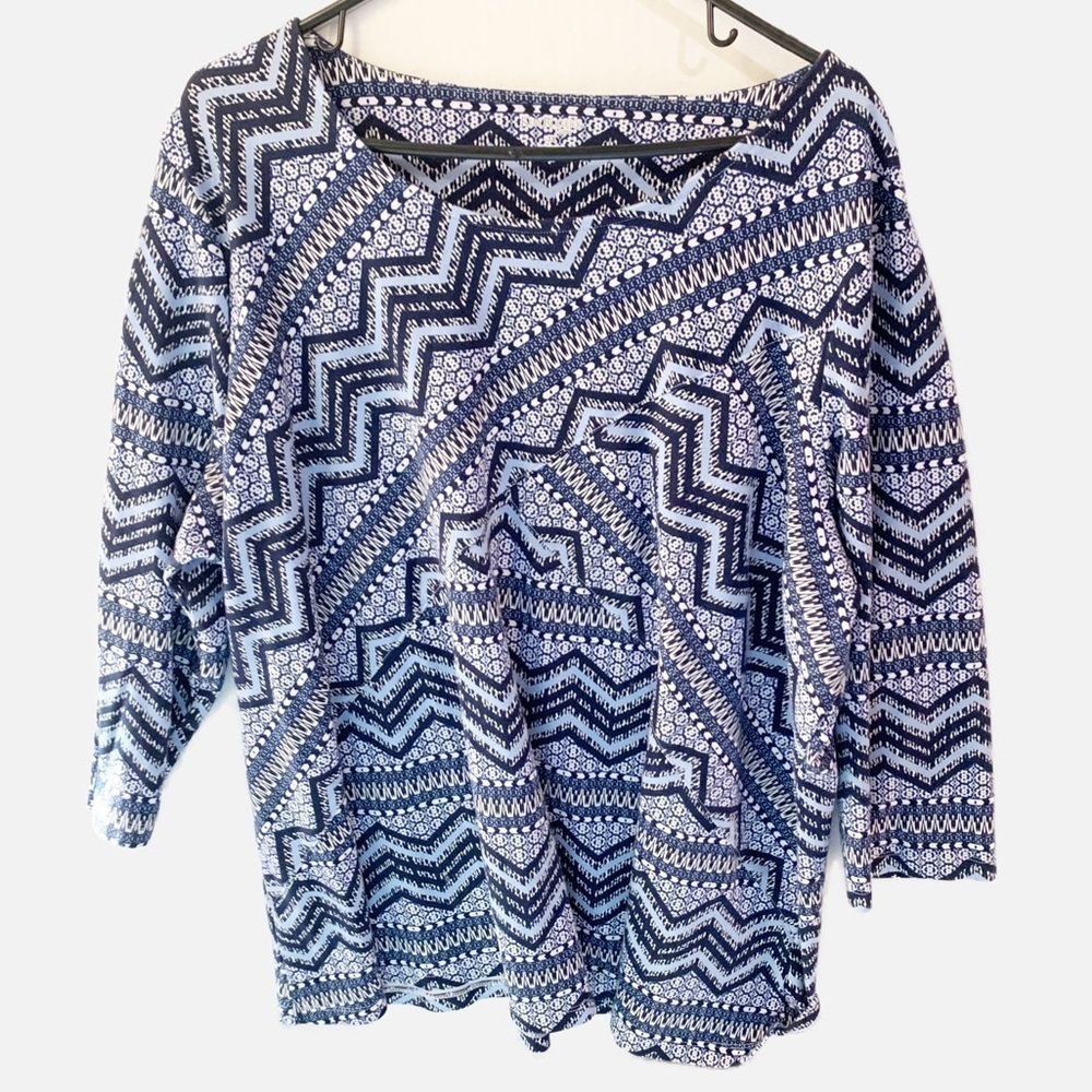 Kim Rogers Curvy 3X Blue Tunic with Geometric Design. Long sleeve Pullover
